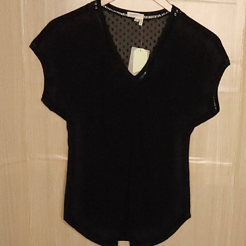 Meadow Rue Anthropologie New Black Knit Top Sheer Swiss Dot Detail Small